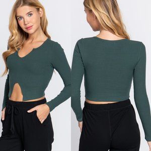 Green Long Sleeve V-Neck with Raw Cut and Hem Detail Knit Top NWT